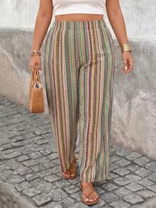 SHEIN PETITE CURVE Quần nữ cỡ lớn kẻ sọc thắt eo kiểu dáng thường ngày - Nhiều màu - Xem 10
