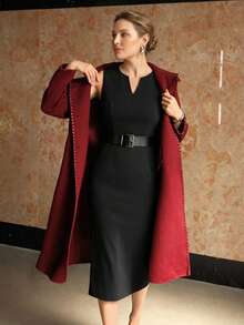 MOTF PREMIUM PLUS SIZE MINIMALIST CHIC FASHION SPLIT DESIGN DETAIL WITH WIDE BELT MID-LENGTH DRESS - Black - View 5