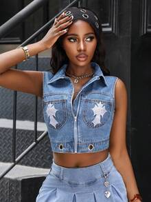 Jeanoix Áo khoác gile denim nữ có khóa kéo, họa tiết chéo, kiểu dáng thường ngày, đa năng. - Màu xanh lam - Xem 8