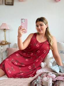 Slumberry CURVE Cute Sweet Cherry Bow Print Loose Fit Plus Size Nightgown Night Burgundy Summer - Burgundy - View 5