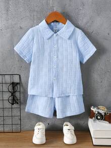 SHEIN Casuvi Kids 夏季少年 Masson 纯色质感 翻领衬衫套装短裤 - 藍色 - 查看 5