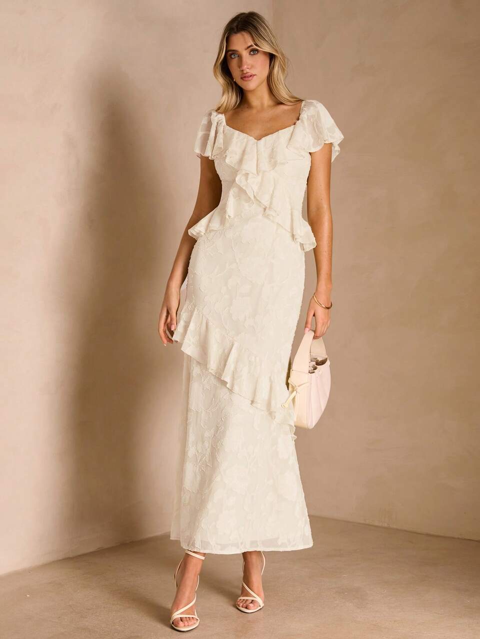 Enchnt Women's Solid Color Sweetheart Neck Ruffle Hem Short Sleeve Summer Dress Vacation White Elegant