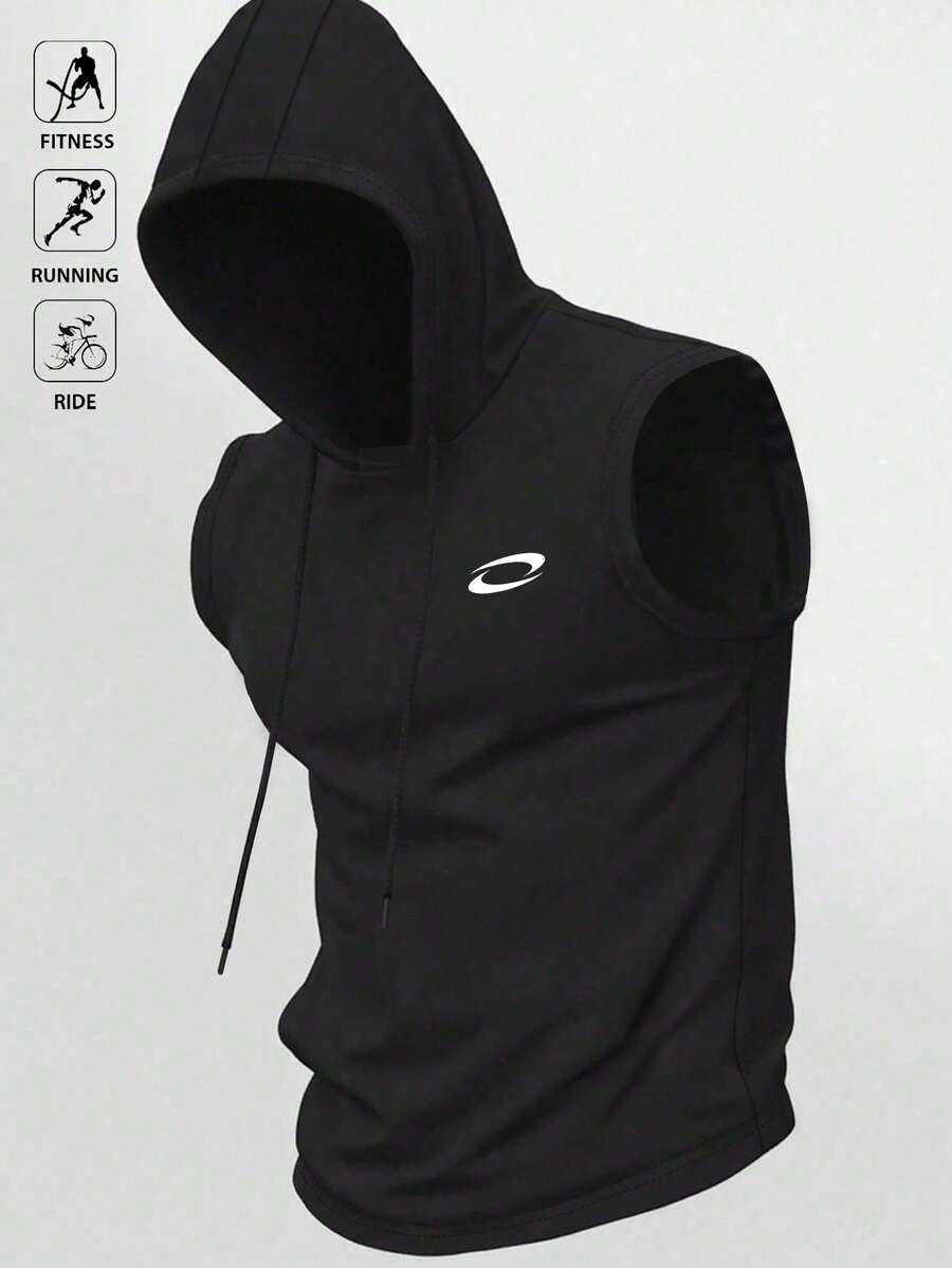 Gym Rark 男士休閒圖案印花抽繩連帽背心,夏季、健身、度假 - 黑色 - 查看 1