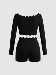 SHEIN Cheerettes 女士纯色弧形下摆长袖T恤和短裤运动套装 - 黑色 - 查看 8