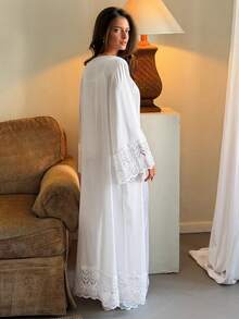 Livesso Women's Comfortable Lace Patchwork Pajama Set Fall - White - View 2