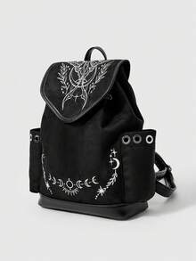 ROMWE Fairycore Mochila bordada con diseño de bruja gótica, mochila con extracto de helecho Moonworm, bolsa escolar con cordón y flecos de gamuza - Bordado blanco - Ver 2