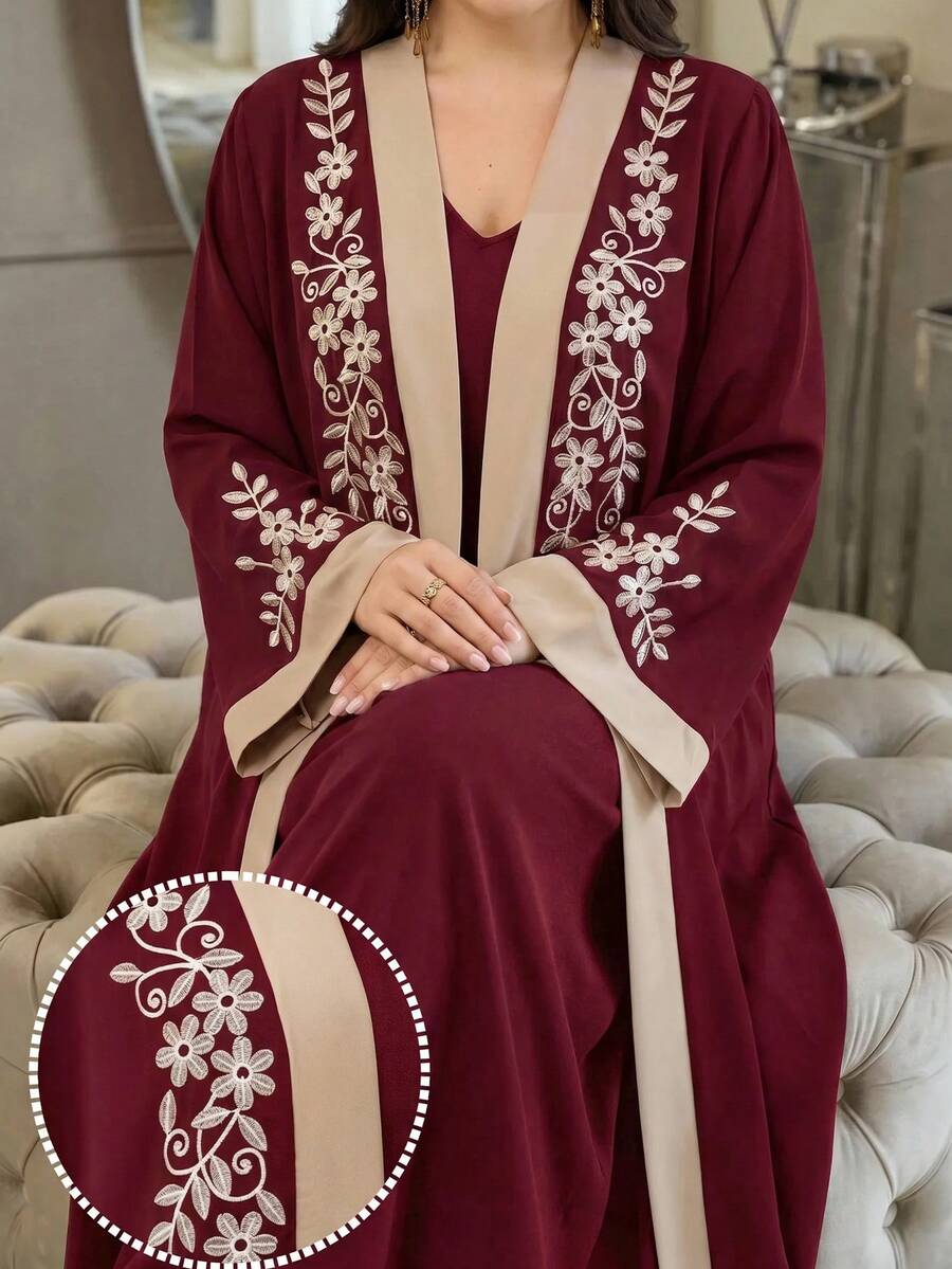 Al Najma Plus Size Women Embroidered Pattern Long Sleeve Abaya - Burgundy - View 1