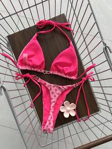 Swim Vcay Bộ bikini mùa hè đi biển dành cho nữ, gồm áo bikini tam giác không gọng buộc dây cổ và quần bikini buộc hông, họa tiết da rắn ngẫu nhiên. - Màu Hồng  Dưa hấu - Xem 2