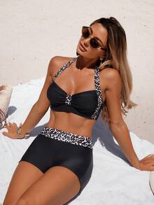 Swim Lushoire Women's Leopard Print Contrast Halter Neck Bikini Set With Boyshort Bottom, Ruched Bandeau Two Pieces Swimwear For Beach Vacation - Multicolor - View 7