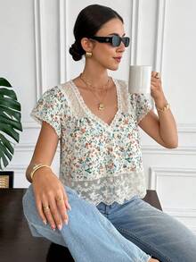 Serisse Women's Summer Vacation Ditsy Floral Contrast Mesh Backless Tie Blouse - Yellow - View 3