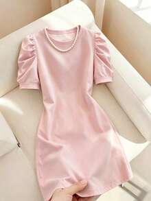 Franclia Đầm nữ tay cánh hoa thoải mái, cổ tròn, thích hợp mặc hàng ngày trong mọi mùa. - Màu Hồng baby - Xem 1