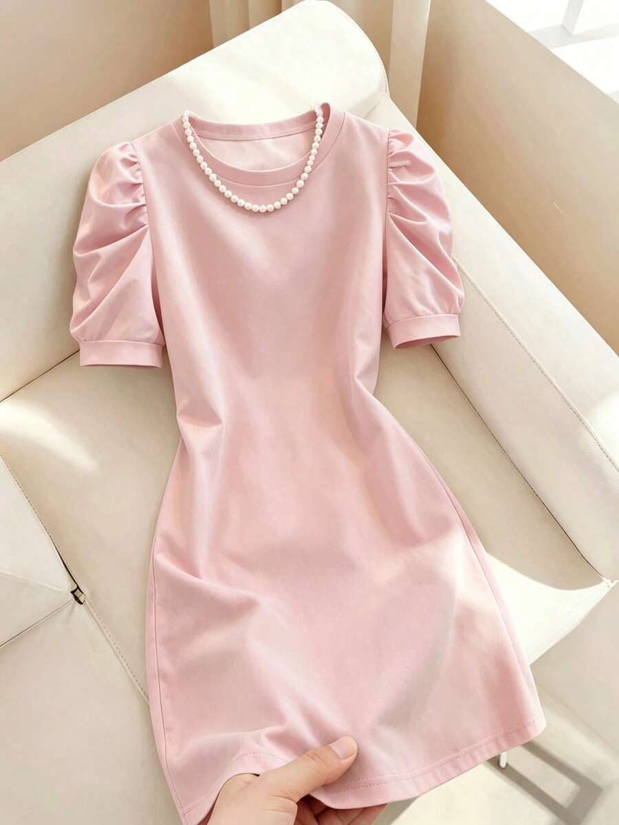 Franclia Đầm nữ tay cánh hoa thoải mái, cổ tròn, thích hợp mặc hàng ngày trong mọi mùa. - Màu Hồng baby - Xem 1