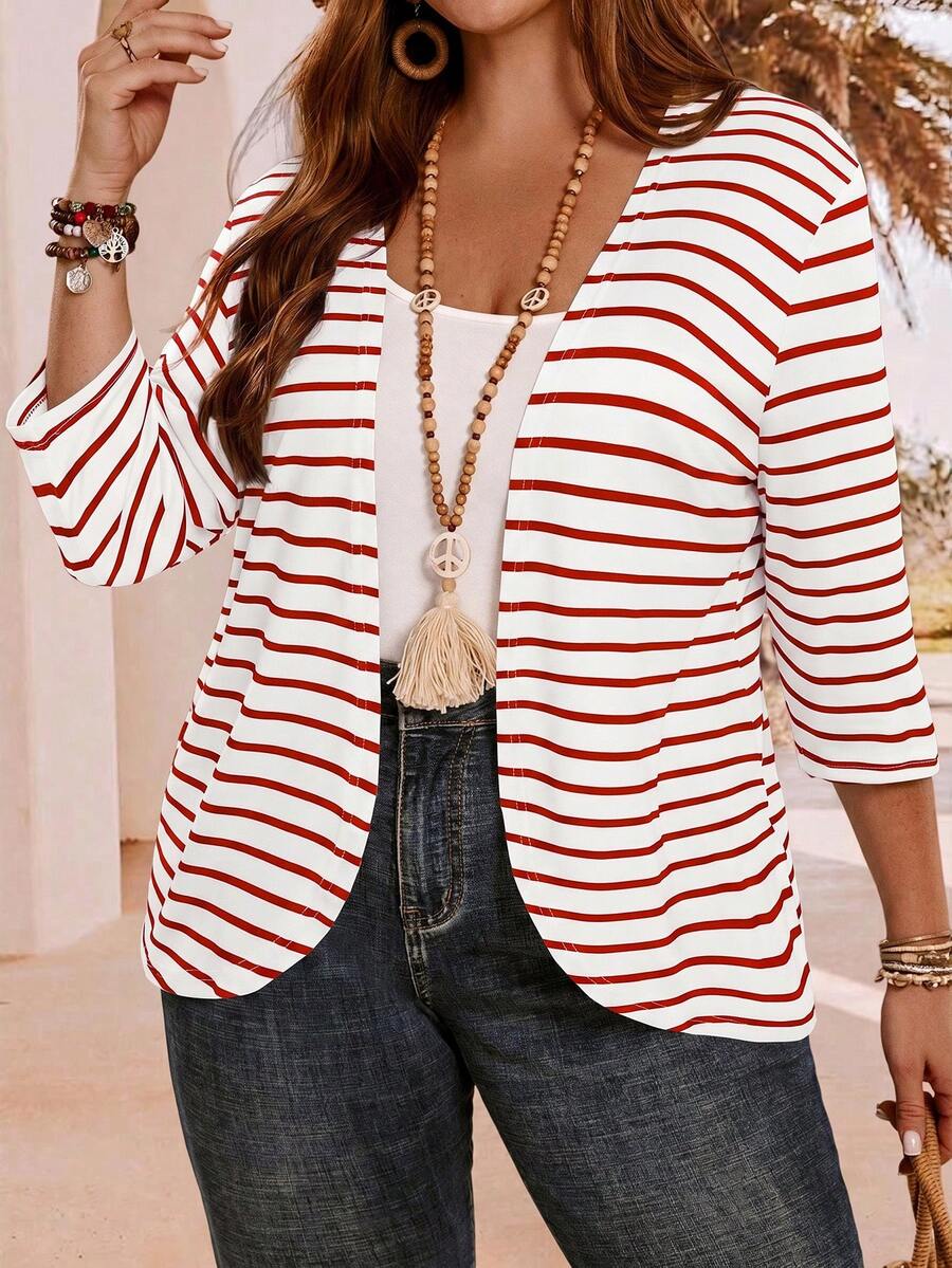 EMERY ROSE Plus Size Women Summer Vacation Striped 3/4 Sleeve Jacket, Autumn,Fall - Multicolor - View 1