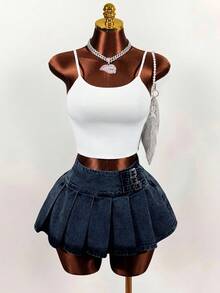 Mistrie Rok Mini Denim Lipit Kasual Wanita, Musim Panas - Dark Wash - View 3