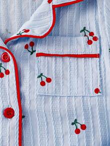 2pcs Baby Girls' Red Cherry Print Comfortable Jacquard Collar Short Sleeve Top And Pants Homewear Set - Blue - View 4