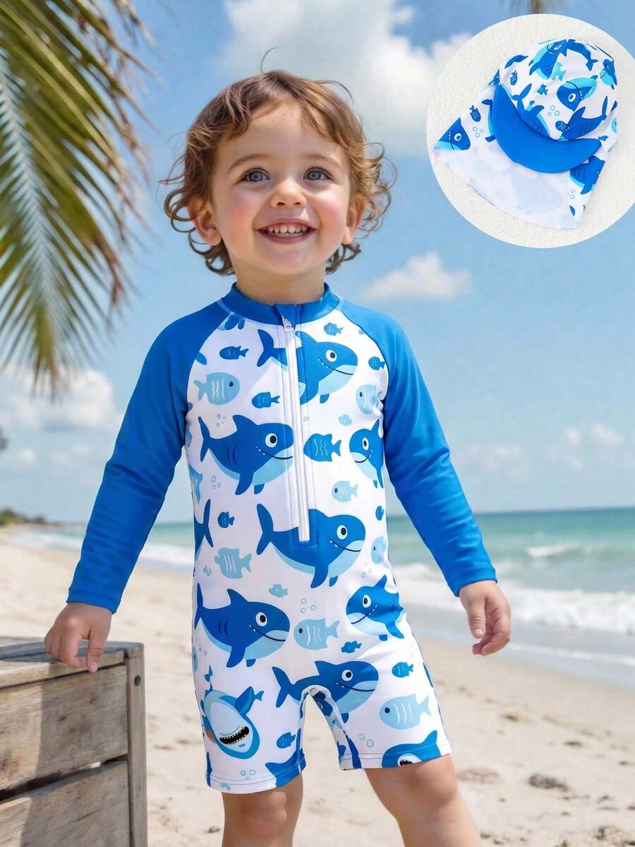 SHEIN 新款春夏婴幼儿男童可爱海洋动物数码印花连体泳衣，搭配同款防晒泳帽，两件套，适合海滩/度假
