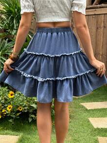 EMERY ROSE Falda vaquera casual con volantes y nudo de unicolor para mujer - Azul - Ver 3