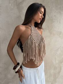 Aloruh Áo croptop dệt kim thủ công trang trí tua rua, kiểu dáng boho gợi cảm mới cho nữ mùa hè. - Màu Khaki - Xem 5