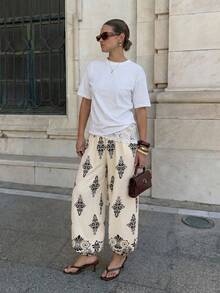 Lavishia Pantalones casuales y holgados con estampado total para vacaciones de mujer - Blanco y Negro - Ver 12