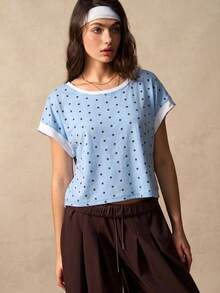 VARSIVA Women's Polka Dot Patchwork Casual Versatile Daily Wear Sports T-Shirt - Blue and White - View 4