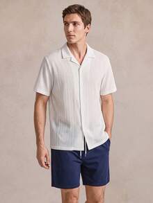 Conjunto de pijama de hombre EverLounge con cardigan de textura ondulada, top en beige y pantalones cortos sueltos y cómodos en azul marino - Multicolor - Ver 1