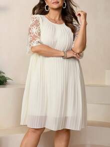 Comfylo Plus Size Summer Elegant Sequin 3D Floral Mesh Patchwork Dress Tea Party White - White - View 3