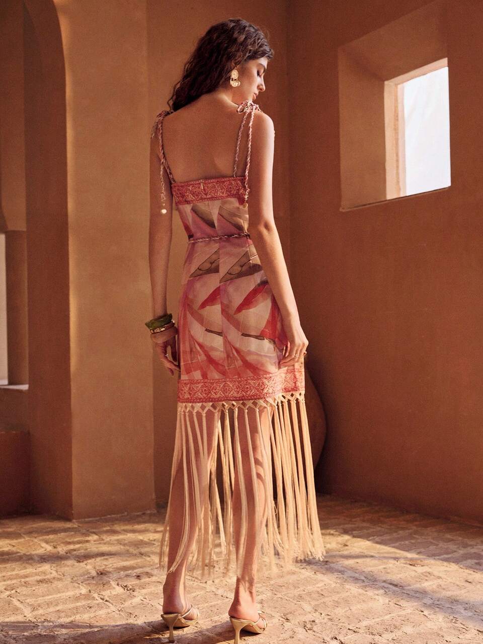 WOMEN'S PRINTED TASSEL BRAIDED ROPE SHELL DECOR VACATION DRESS