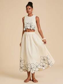Travachic 2pcs Women Embroidered Cropped Tank Top And Casual Midi Skirt Set - Apricot - View 2