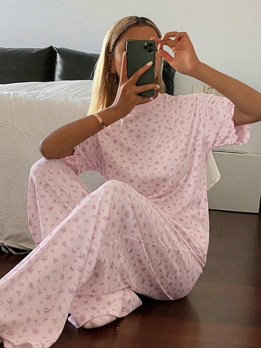 DAZY 2件套女士碎花宽松短袖T恤和直筒长裤睡衣套装,夏季 - 粉色 - 查看 1