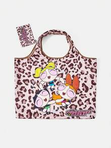 THE POWERPUFF GIRLS X SHEIN 1 件装，粉色豹纹女警娃娃图案折叠手提包，适合女性 - 多色A - 查看 3