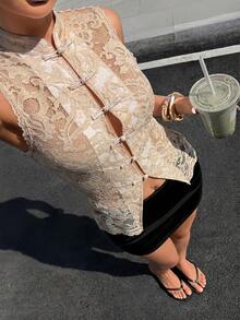 Muchica Beige Lace Top Blouse For Women Vacation Summer Elegant - Apricot - View 1