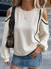 DAZY Women's Open Shoulder Long Sleeve Sweatshirt,Long Sleeve Tops,Fall Clothes,Back To School Clothes - Beige - View 9