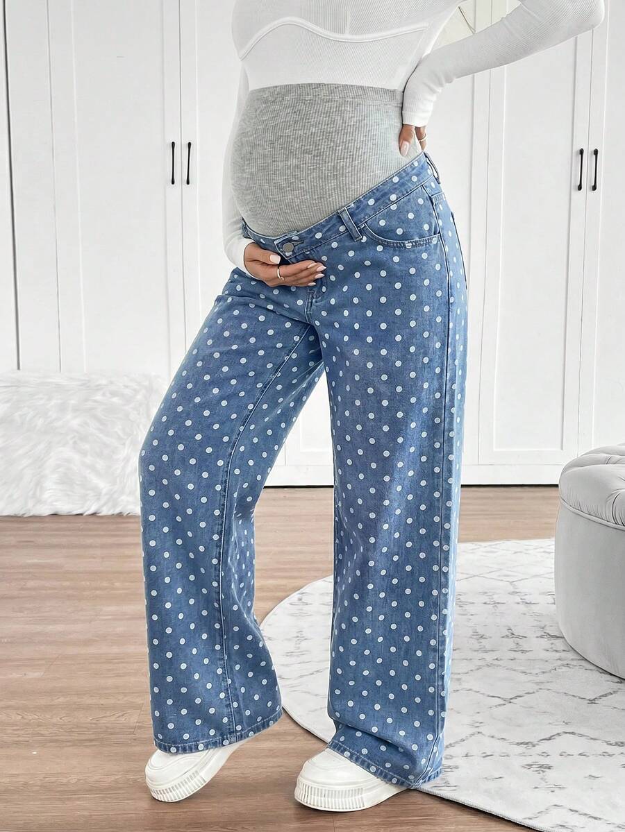 SHEIN Quần bầu dệt kim dáng suông màu xanh dương retro, thích hợp mặc đi lễ hội mùa hè, đi làm, đi nghỉ mát, tốt nghiệp, phong cách Y2K, dễ thương, thời trang đường phố, dự tiệc cưới, thanh lịch, công sở, đi biển, tốt nghiệp, quần jean bầu chấm bi dáng rộng cho bà bầu màu xanh dương. - Màu xanh lam - Xem 1