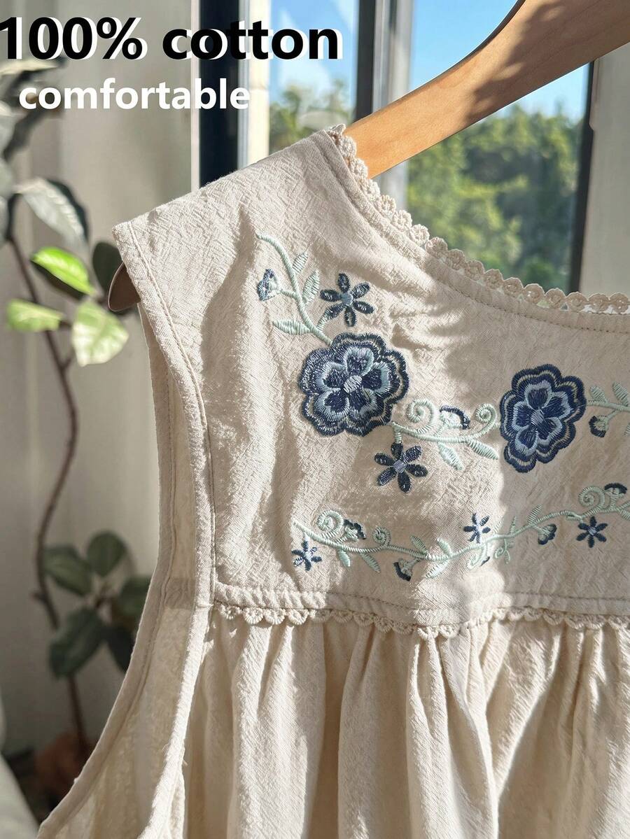 Comfortcana Đầm nữ cỡ lớn màu mơ, kiểu dáng thường ngày, chất liệu 100% cotton, thêu họa tiết, không tay. - Màu be - Xem 1