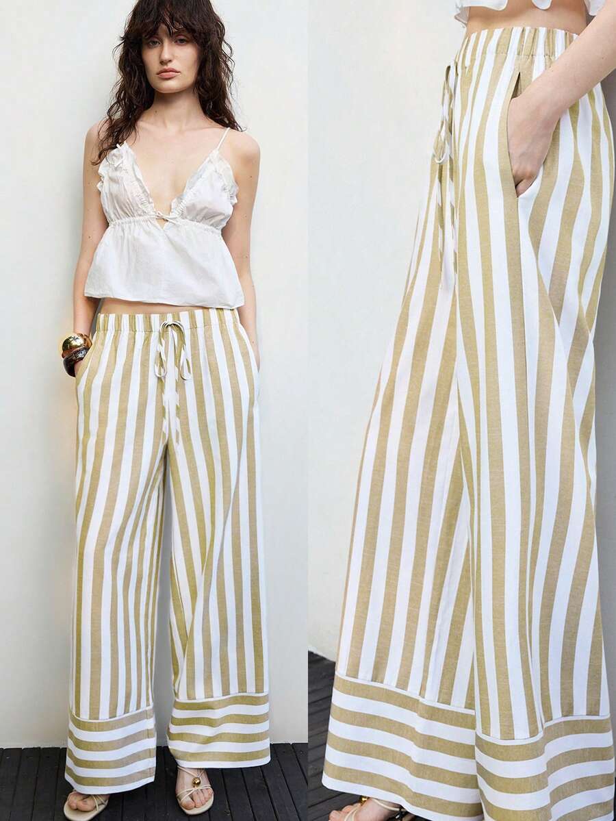 Lumivelle New Women's Pure Cotton Striped Long Pants, Suitable For Spring/Summer Vacation, Casual Wear And Commuting - Apricot - View 1