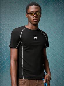 Men's Comfortable Star Print Contrast Stitching Slim Fit Short Sleeve T-Shirt Compression Shirts For Men Running Shirt For Men Rashguard For Men Pro Club Tshirt For Men World Cup Soccer 2026, Couple Matching Outfit Vacation. - Black - View 5