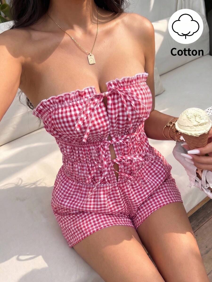 Sunnyshic Bộ jumpsuit cotton kẻ caro đỏ trắng, không dây vai, buộc dây phía trước, hở lưng, thanh lịch cho kỳ nghỉ xuân/hè, đi biển, đi làm, mua sắm, hẹn hò, mặc hàng ngày. - Đỏ và trắng - Xem 1
