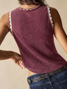 Bohemela Áo tank top nữ dệt kim không tay dáng ôm, màu trơn, phong cách boho mùa thu/đông, họa tiết mài bạc. - Đỏ - Xem 7