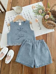 LMoss Kids 2pcs Young Girl Woven Solid Color Casual Vest And Shorts Set - Baby Blue - View 4