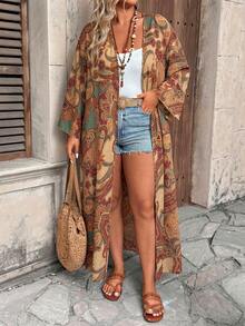 Ceyna Plus Size Women's New Elegant Multi-Color Striped Bohemian Style Colorful Paisley Pattern Open Front Long Sleeve Long Cardigan Cheetah Print Airport - Multicolor - View 5