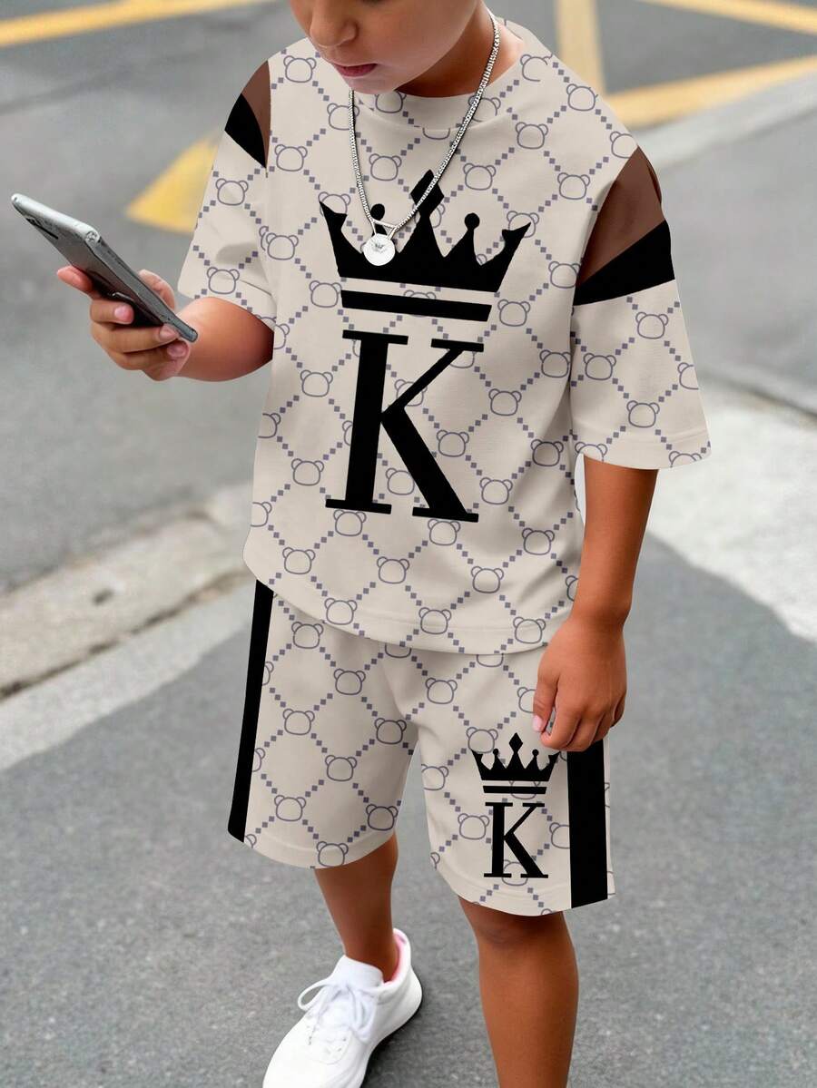 男童休闲舒适时尚简约圆领短袖T恤短裤套装，经典时尚泰迪熊复古图案印花，国王文字印花，皇冠印花，适合春夏穿着 - 彩色 - 查看 1