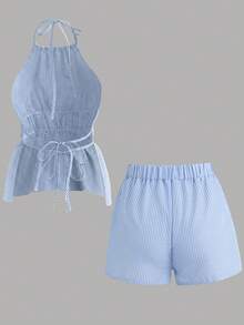 SHEIN PETITE Women's Striped Halter Tie Ruched Top And Shorts Casual Daily Outfit - Blue - View 2