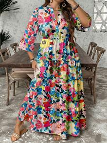 SHEIN LUNE Plus Size Women Casual Elegant All-Over Floral Print Dress, Suitable For Autumn/Winter - Multicolor - View 4