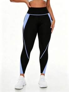 SHEIN Rhythm Era Leggings ajustados de cintura alta con bolsillos y contraste de color para tallas grandes - Multicolor - Ver 5