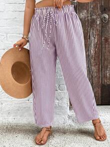 SHEIN VCAY Quần ống rộng kẻ sọc cạp chun - Nhiều màu - Xem 4