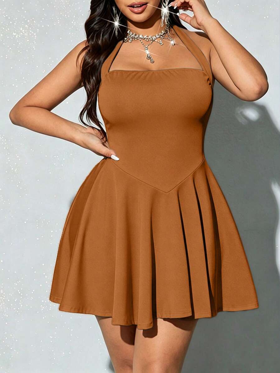 Viva Relle Plus Size Women's Fashionable Halter Neck Ruffle Hem Dress - Khaki - View 1