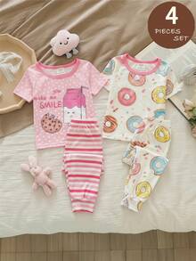 SHEIN 4pcs Young Girl Knitted Cute Donut Pattern Round Neck T-Shirt & Leggings Homewear Set - Multicolor - View 8