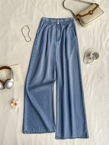 SHEIN Women's Denim Patchwork Wide Leg Pants - Blue - View 4