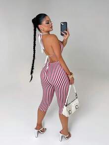 SHEIN SXY 女士条纹深V领露背紧身七分连体裤 - 紅白色 - 查看 3