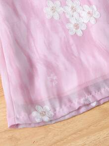 SHEIN Genkimix Girls Puff Sleeve, Invisible Zipper Decor Casual Floral Embroidered Round Neck A-Line Dress - Pink - View 5